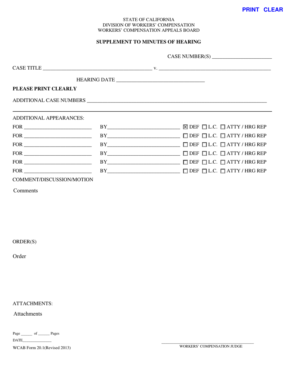 WCAB Form 20.1 Supplement to Minutes of Hearing - California, Page 1