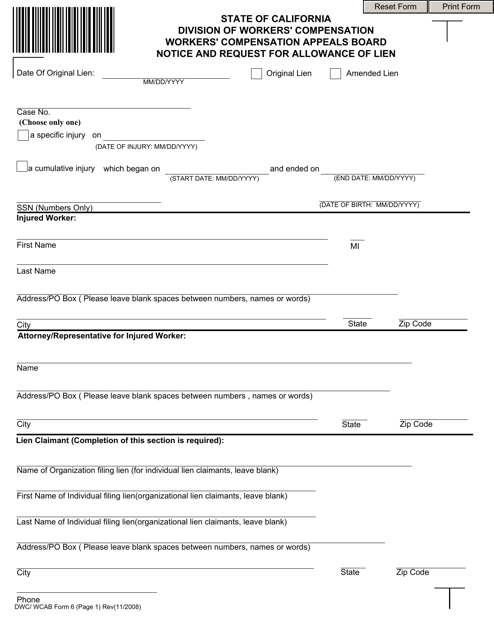 DWC/WCAB Form 6 Notice and Request for Allowance of Lien - California