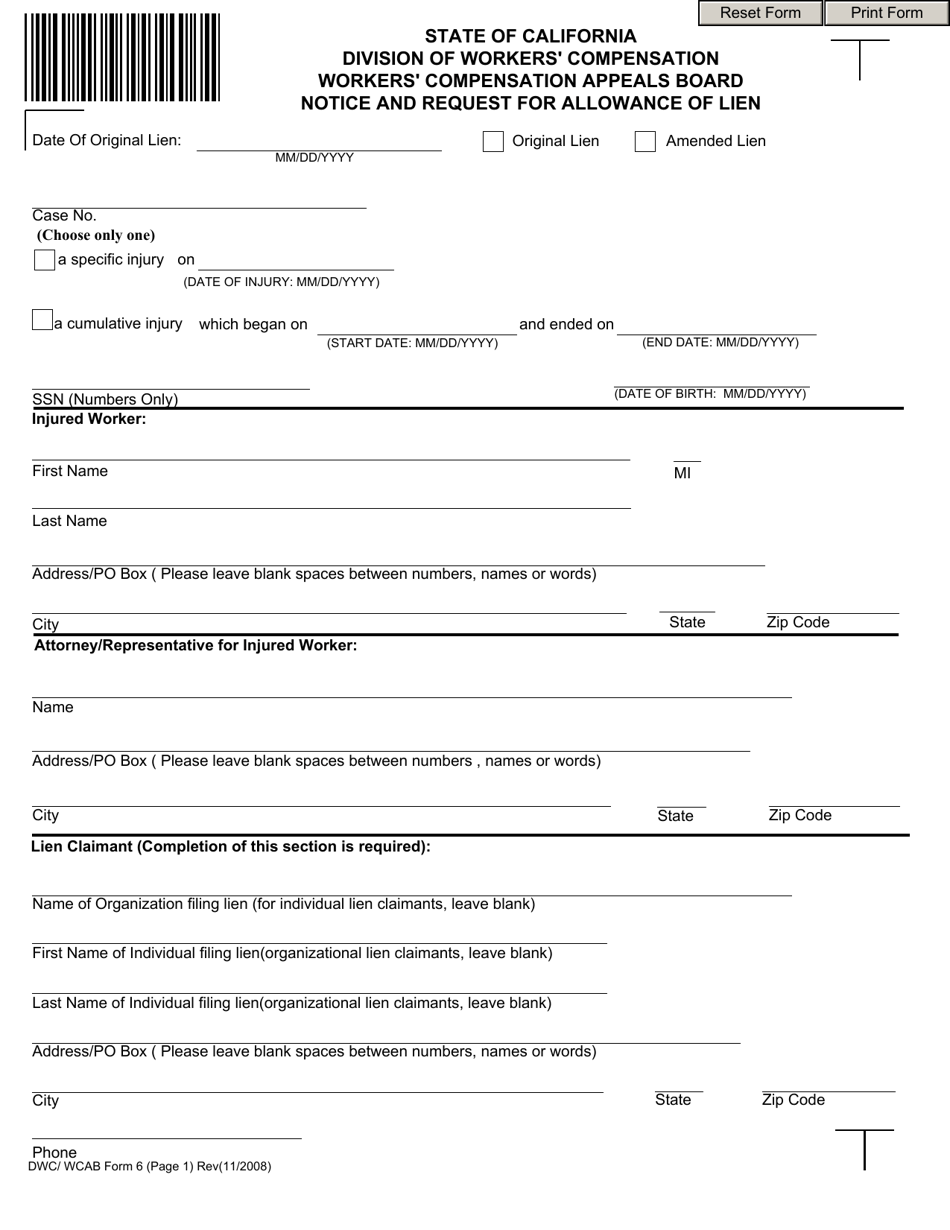 DWC / WCAB Form 6 Notice and Request for Allowance of Lien - California, Page 1