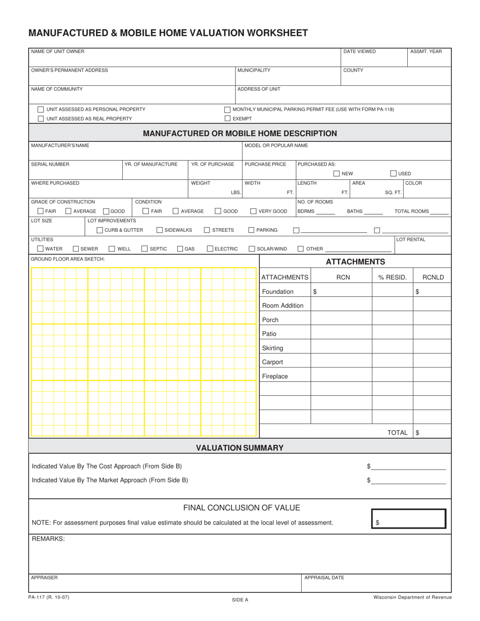 Form PA-117 Manufactured  Mobile Home Valuation Worksheet - Wisconsin, Page 1
