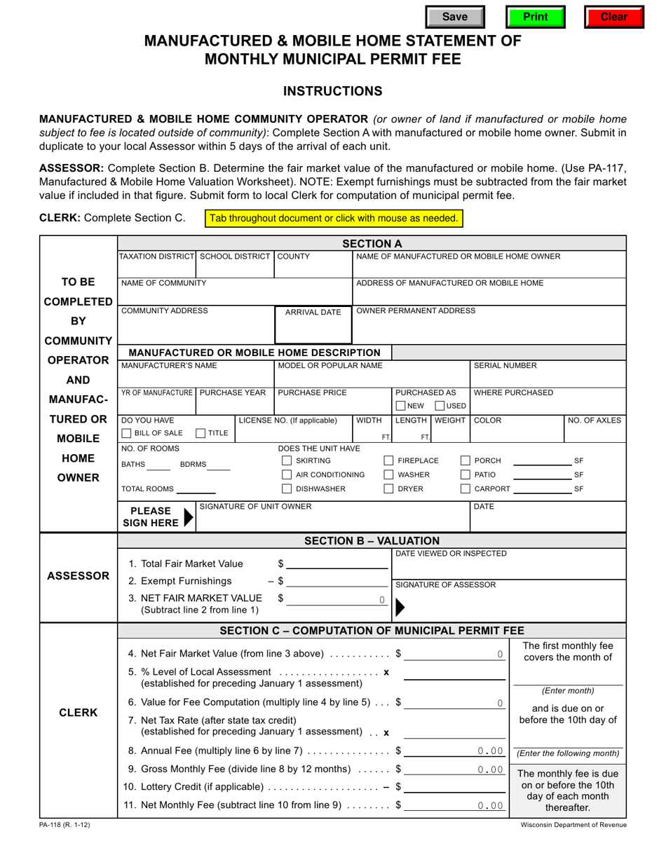Form PA-118 Manufactured  Mobile Home Statement of Monthly Municipal Permit Fee - Wisconsin, Page 1