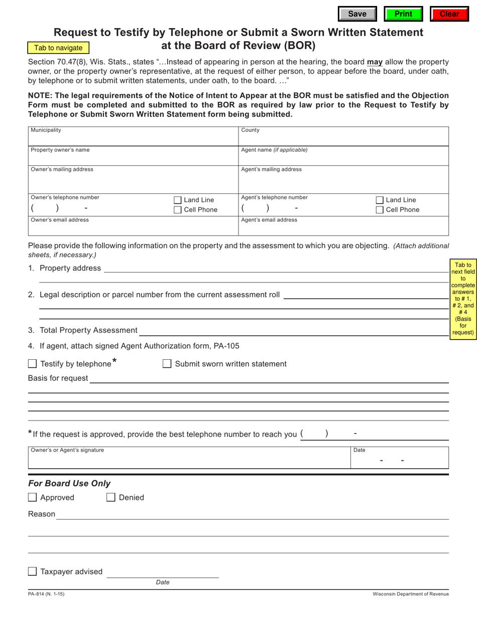 Form PA-814 Request to Testify by Telephone or Submit a Sworn Written Statement at the Board of Review (Bor) - Wisconsin, Page 1