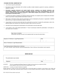 Form DCH-1183 Authorization to Disclose Protected Health Information - Michigan, Page 2