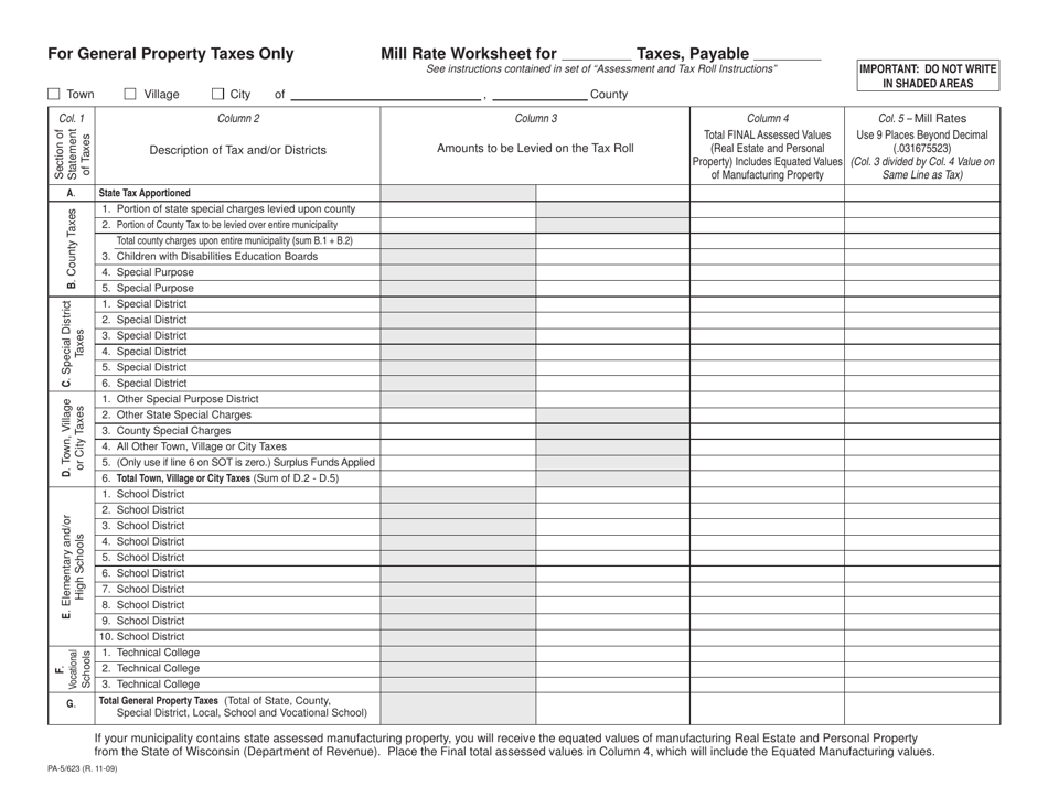 Form PA-5 / 623 Mill Rate Worksheet - Wisconsin, Page 1