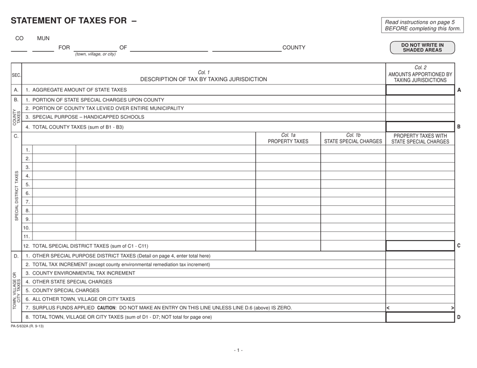 Form PA-5 / 632A Statement of Taxes - Wisconsin, Page 1