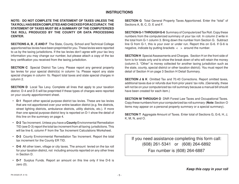 Form PA-5 / 632A Statement of Taxes - Wisconsin, Page 5