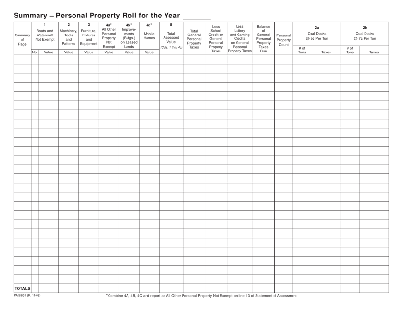 Form PA-5/651 Summary - Personal Property Roll - Wisconsin
