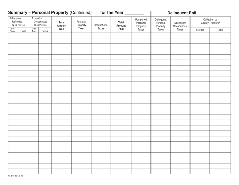 Form PA-5-652 Summary - Personal Property (Continued) - Wisconsin