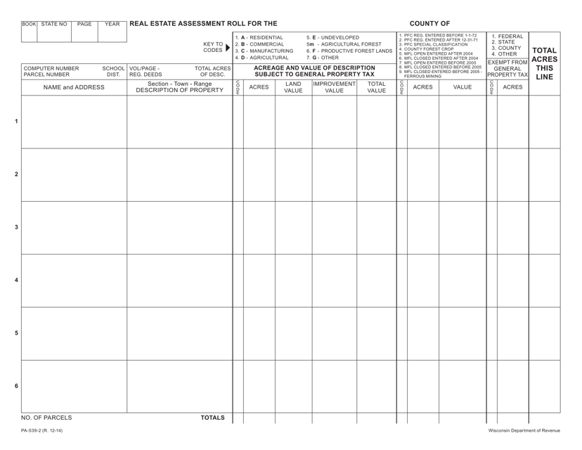 Form PA-539-2 Real Estate Assessment Roll - Wisconsin