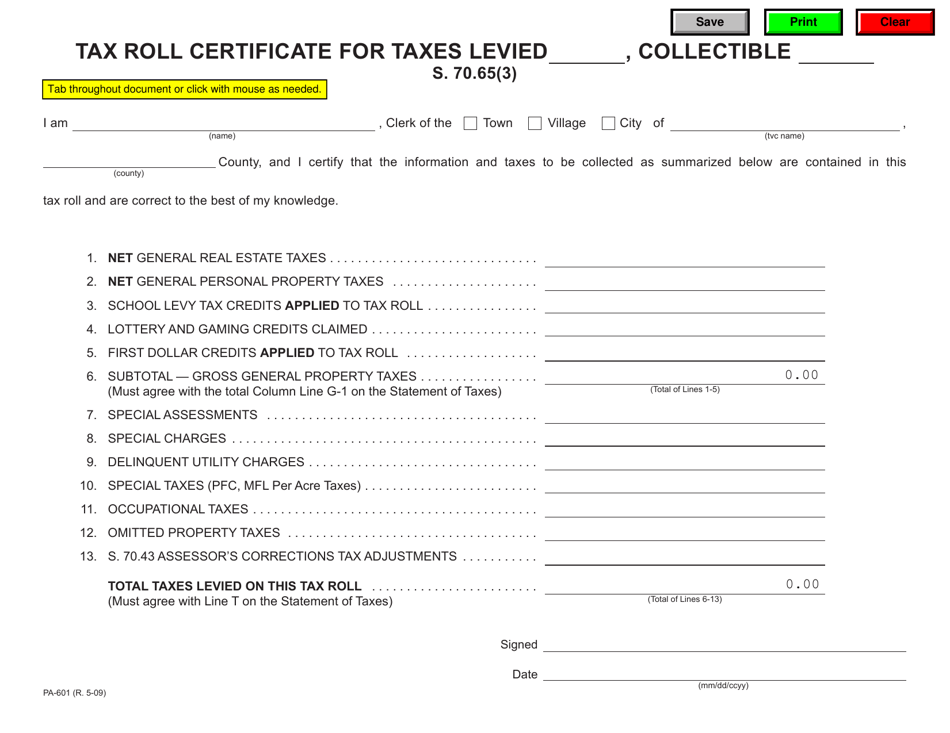 Form PA-601 Tax Roll Certificate - Wisconsin, Page 1