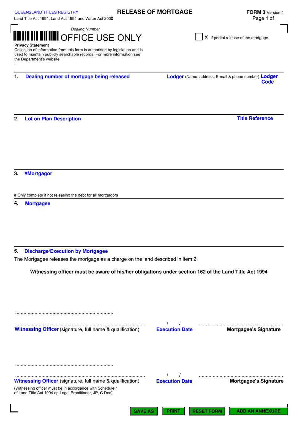 Form 3 Release of Mortgage - Queensland, Australia, Page 1