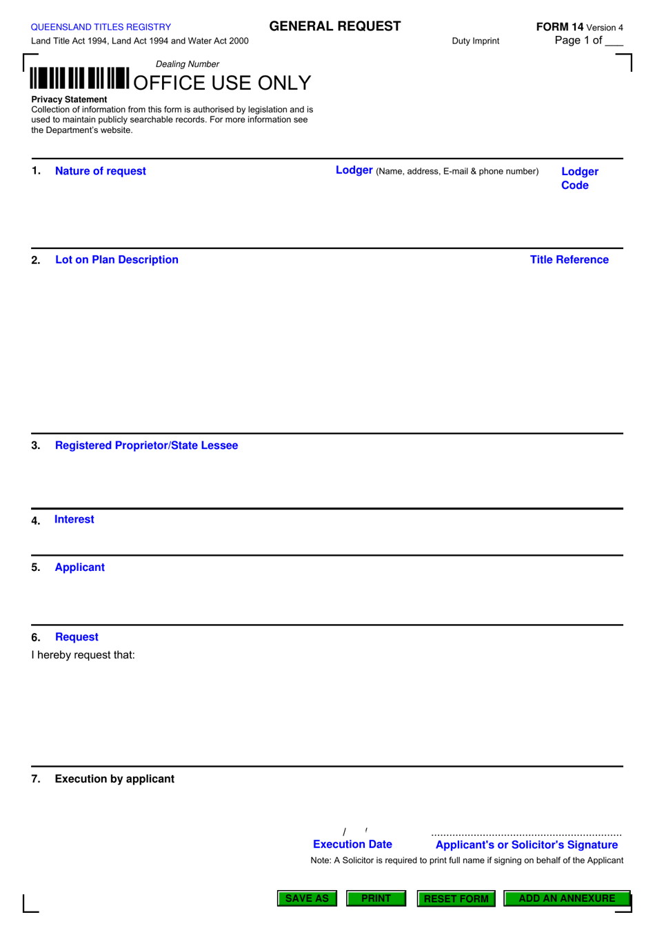 Form 14 General Request - Queensland, Australia, Page 1