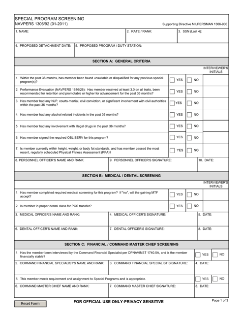 NAVPERS Form 1306/92  Printable Pdf