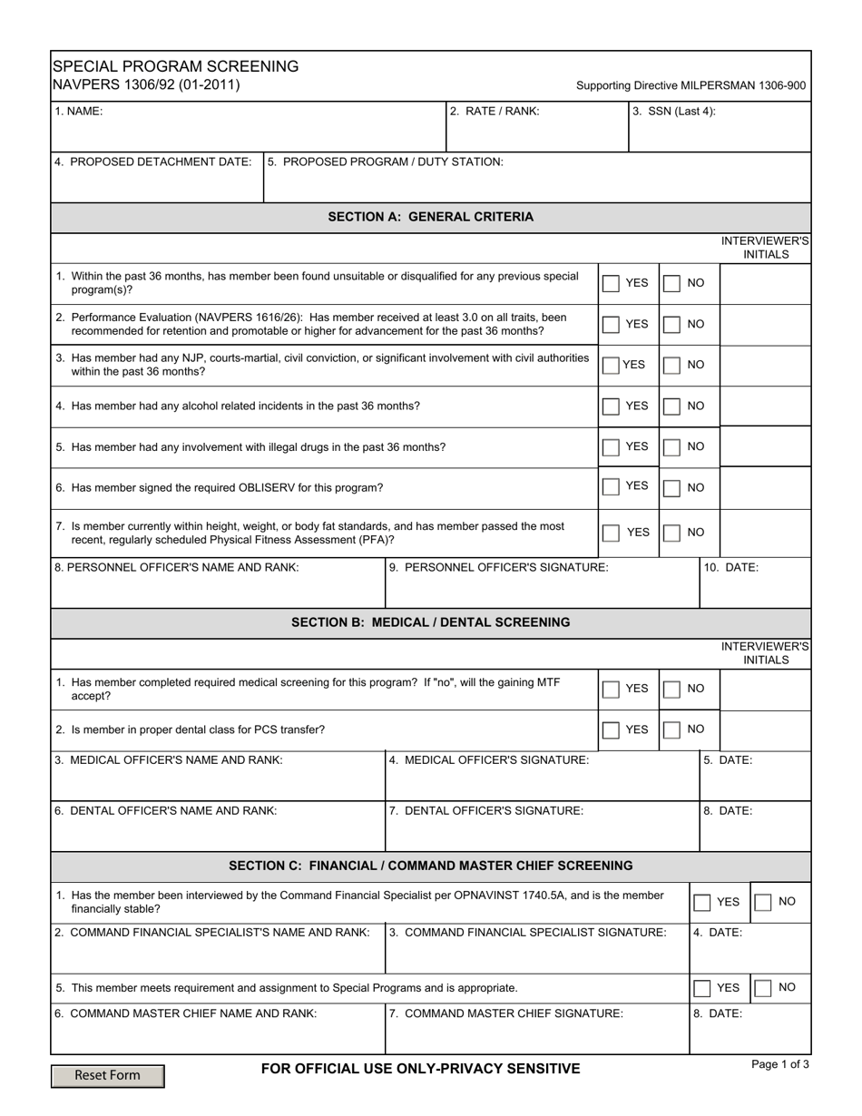 NAVPERS Form 1306 / 92 Special Program Screening, Page 1