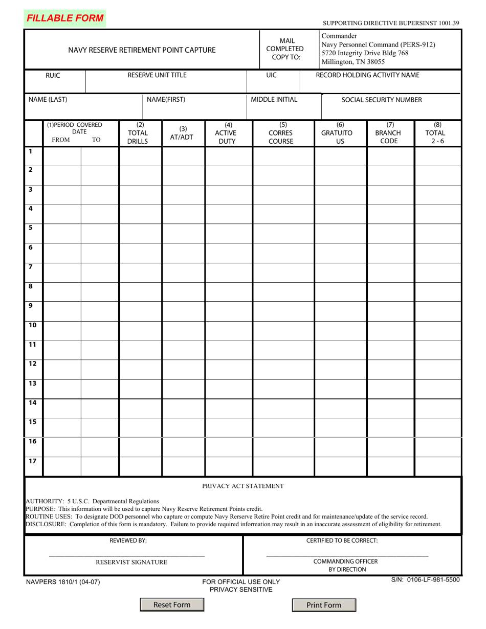 NAVPERS Form 1810 / 1 Navy Reserve Retirement Point Capture, Page 1