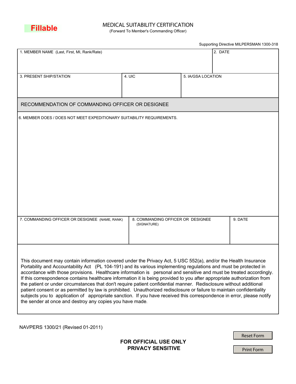 NAVPERS Form 1300 / 21 Medical Suitability Certification, Page 1