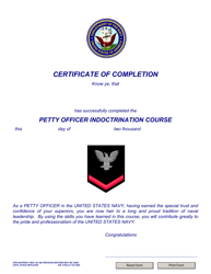 Document preview: NAVPERS Form 1500/1 Certificate of Completion Petty Officer Indoctrination Course