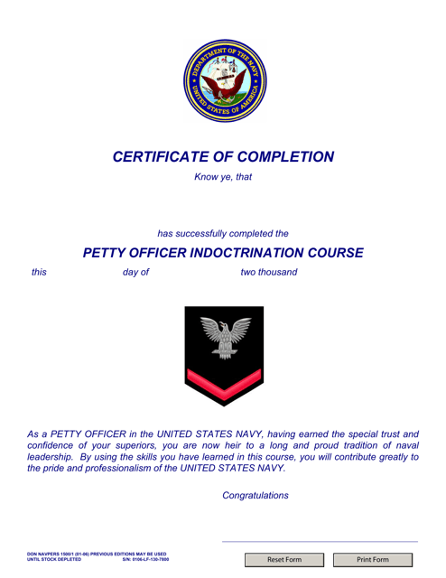 NAVPERS Form 1500/1 Certificate of Completion Petty Officer Indoctrination Course