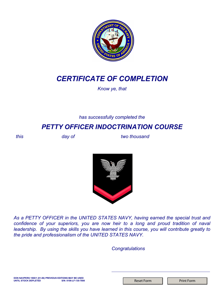 NAVPERS Form 1500 / 1 Certificate of Completion Petty Officer Indoctrination Course, Page 1