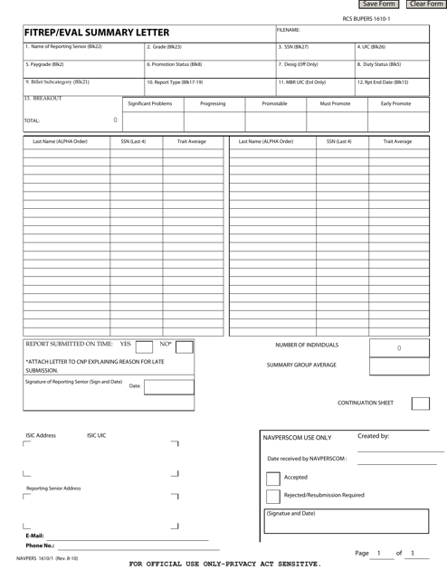 NAVPERS Form 1610/1 Fitrep/Eval Summary Letter