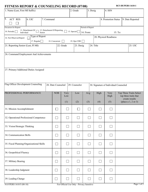 NAVPERS Form 1610/5 Fitness Report & Counseling Record