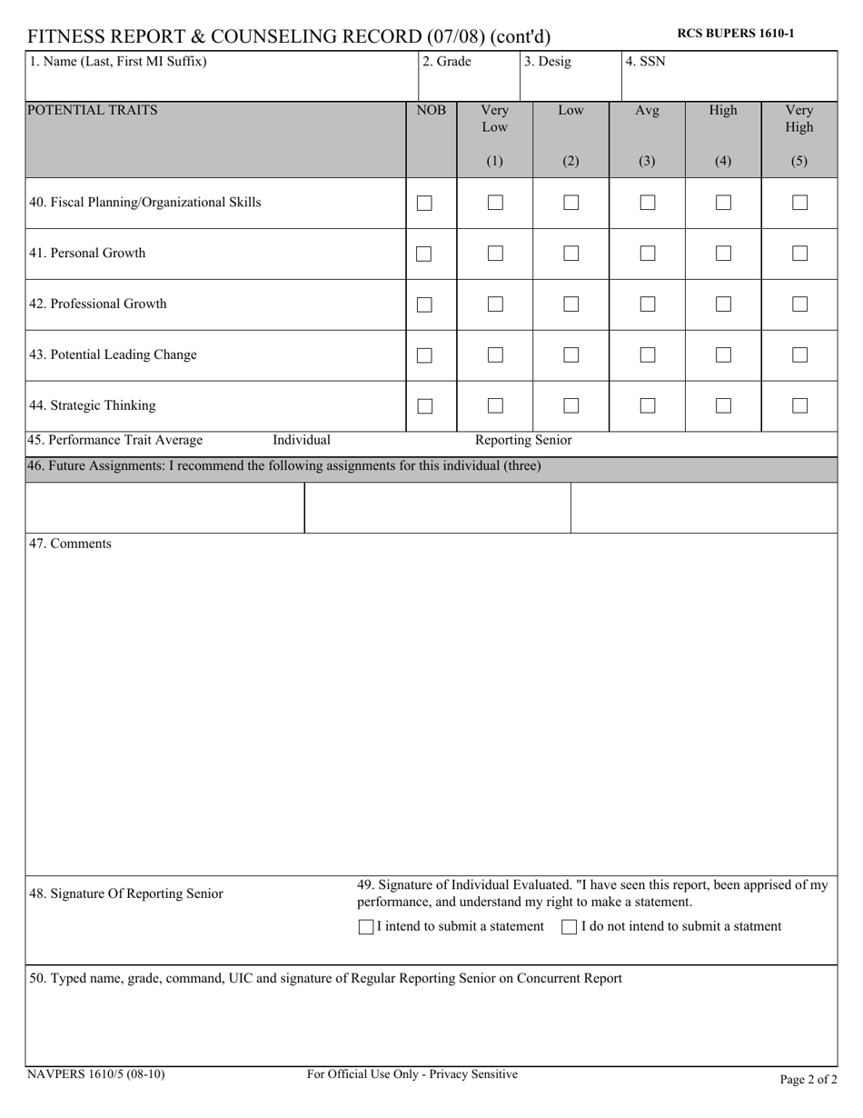 NAVPERS Form 1610 / 5 Fitness Report  Counseling Record, Page 2