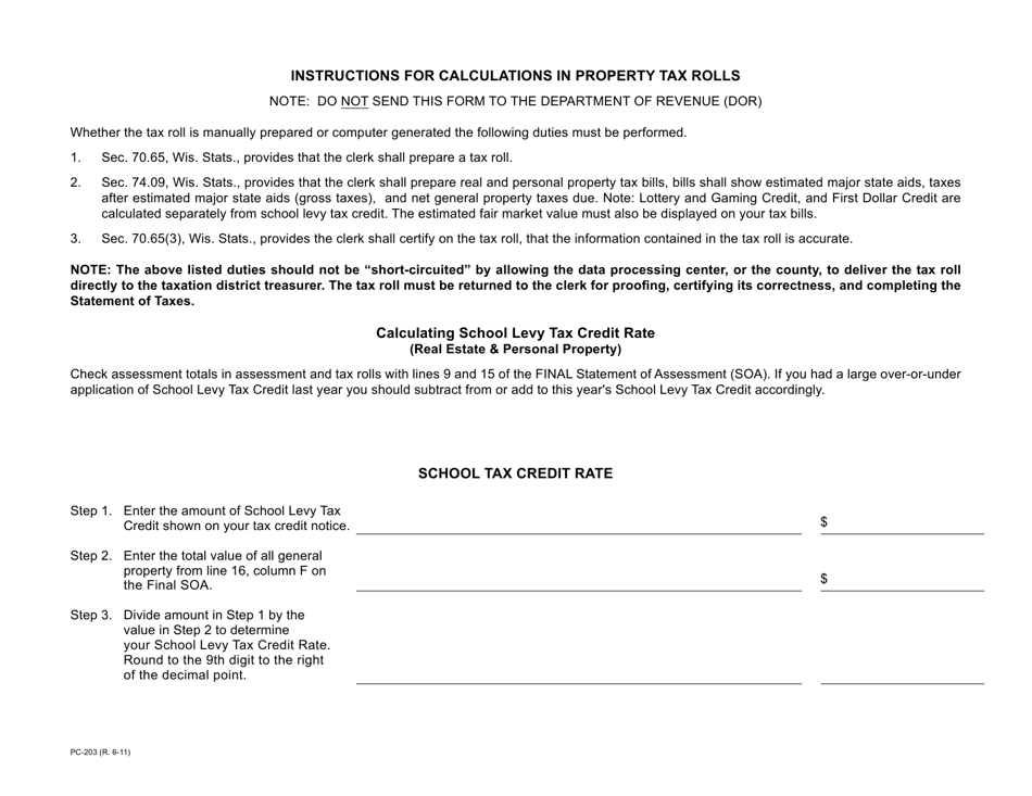 Form PC-203 Instructions for Calculations in Property Tax Rolls - Wisconsin, Page 1