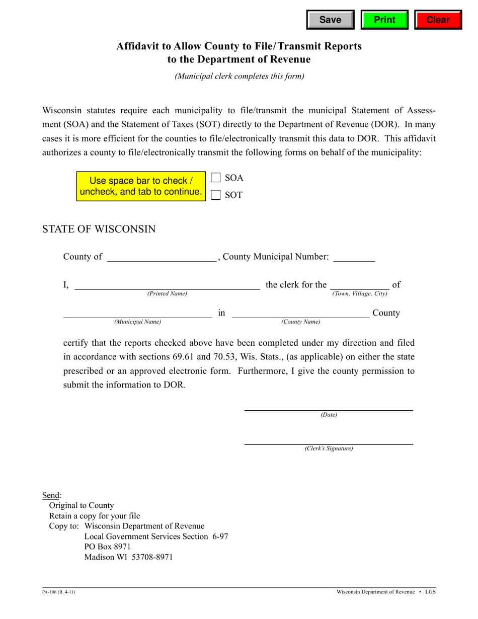 Form PA-106 Affidavit to Allow County to File / Transmit Reports to the Department of Revenue - Wisconsin, Page 1