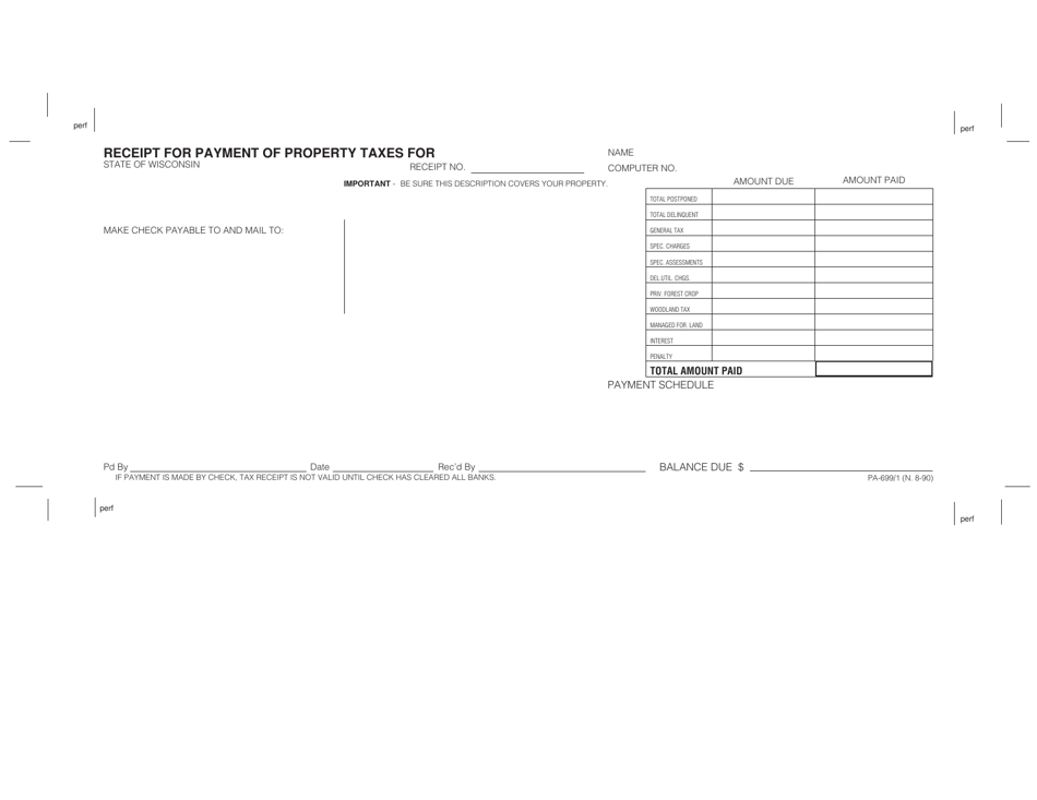 Form PA-699 / 1 Receipt for Payment of Property Taxes - Wisconsin, Page 1
