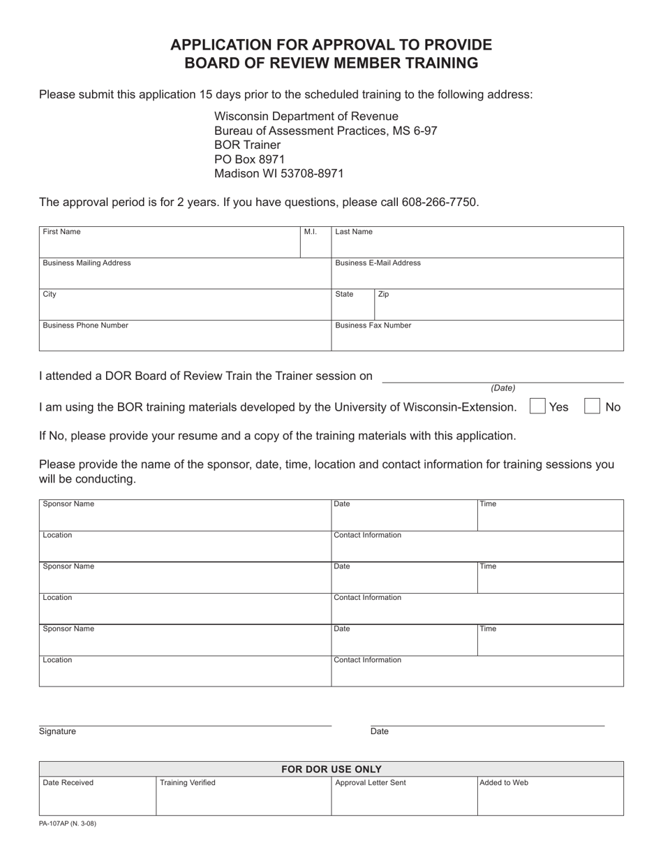 Form PA-107AP Application for Approval to Provide Board of Review Member Training - Wisconsin, Page 1