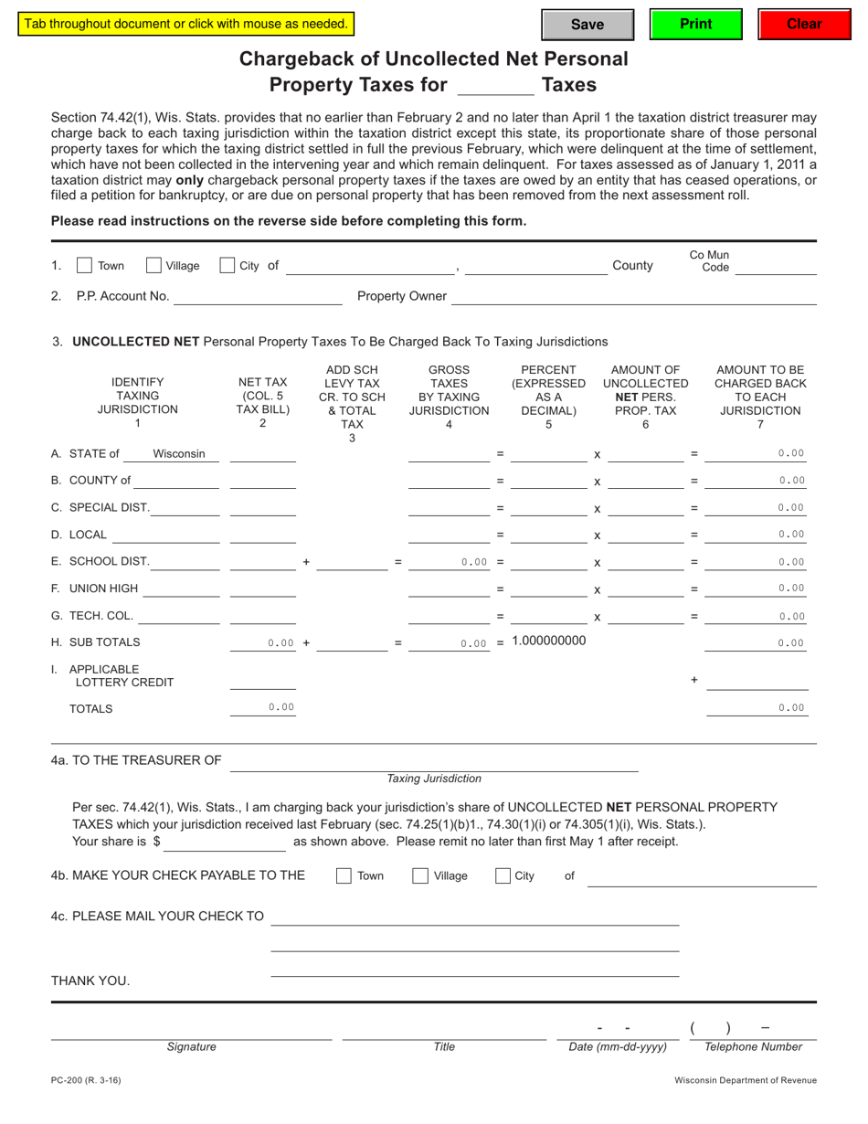 Form PC-200 Chargeback of Uncollected Net Personal Property Taxes - Wisconsin, Page 1