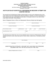 Document preview: Form HSMV86065 Notification of Dispute on a Repossession Recovery Attempt for a Motor Vehicle - Florida
