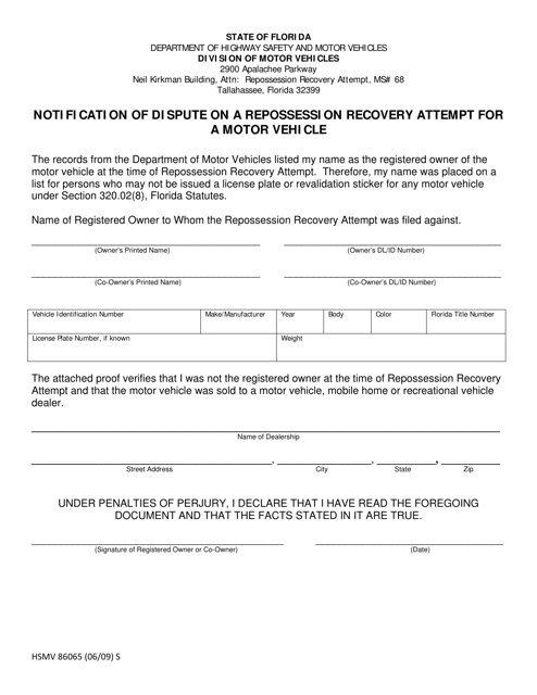Form HSMV86065 Notification of Dispute on a Repossession Recovery Attempt for a Motor Vehicle - Florida