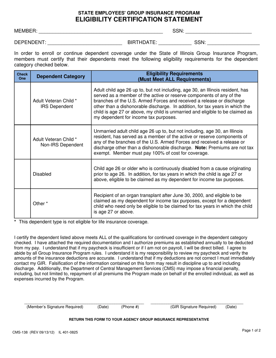 Form CMS-138 (IL401-0825) Eligibility Certification Statement - Illinois, Page 1