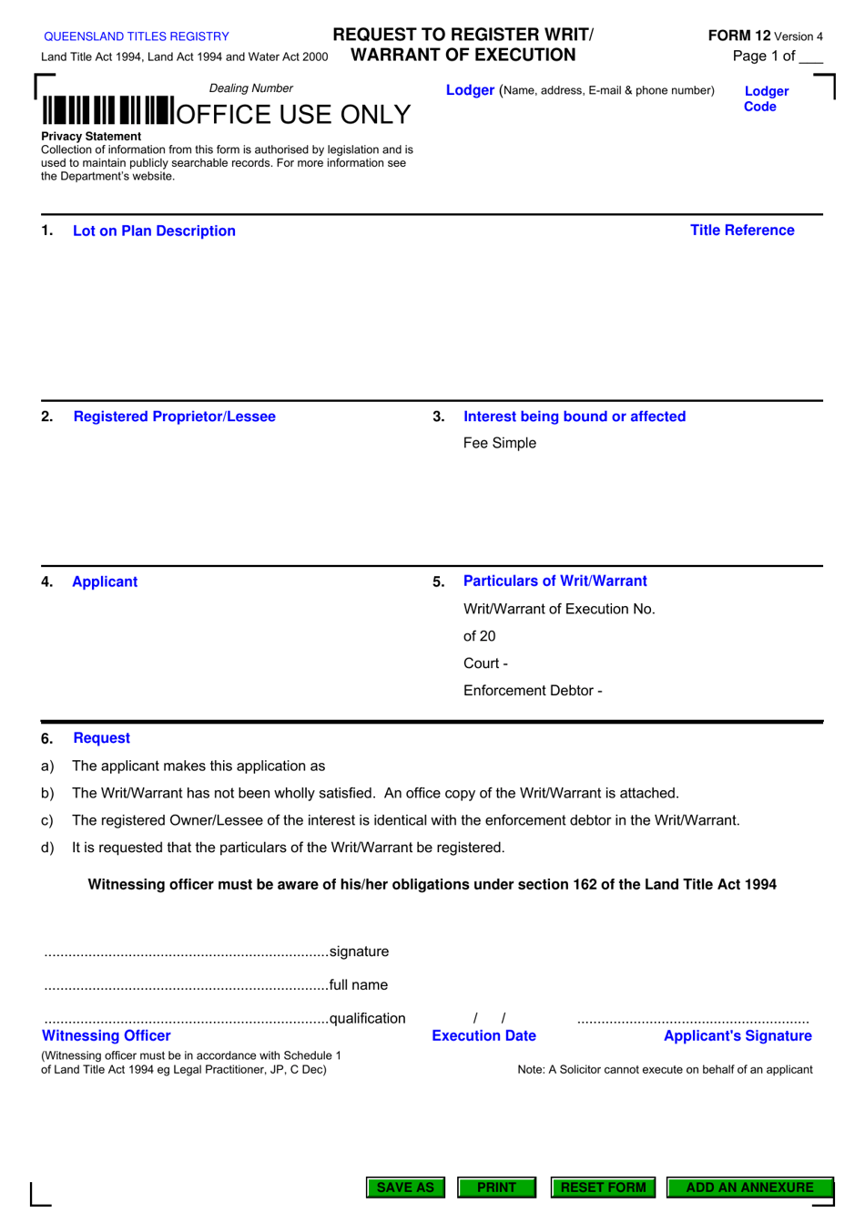 Form 12 Request to Register Writ/ Warrant of Execution - Queensland, Australia, Page 1