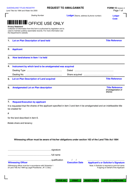 Form 15 Request to Amalgamate - Queensland, Australia