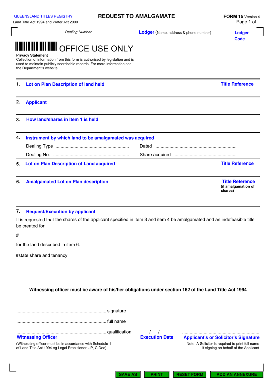 Form 15 Request to Amalgamate - Queensland, Australia, Page 1