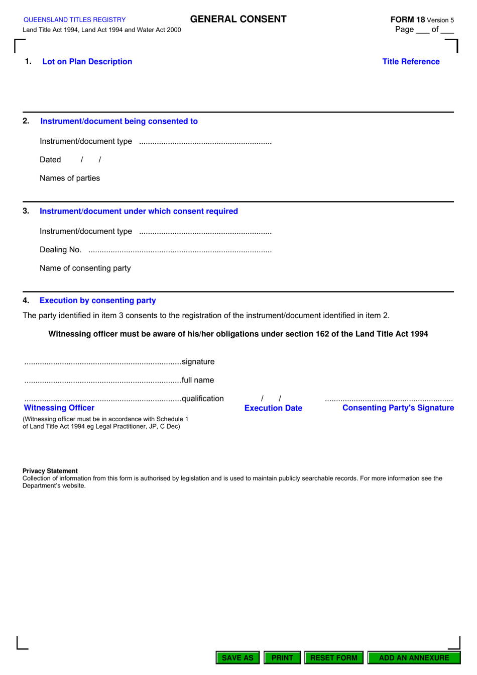 Form 18 General Consent - Queensland, Australia, Page 1