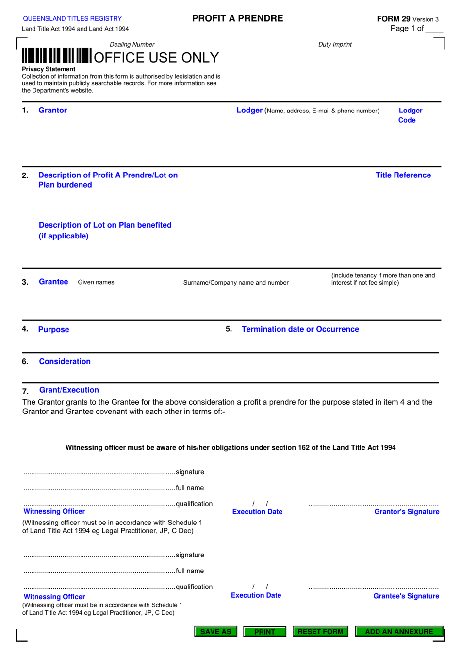 Form 29 Profit a Prendre - Queensland, Australia, Page 1