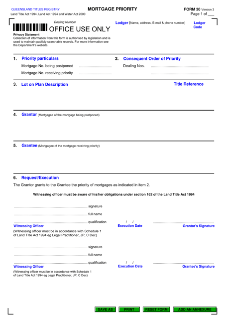Form 30 Mortgage Priority - Queensland, Australia