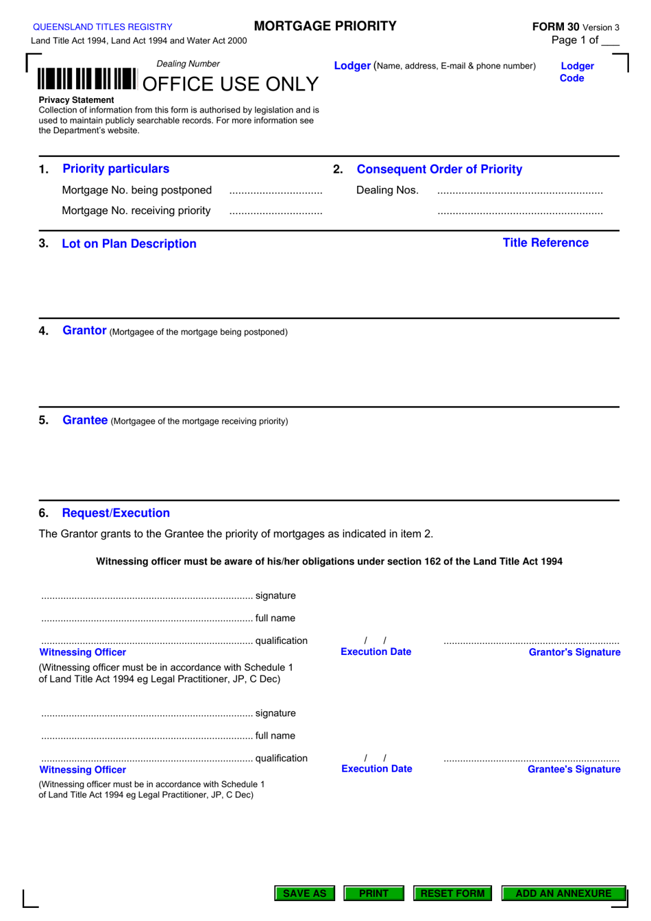 Form 30 Mortgage Priority - Queensland, Australia, Page 1