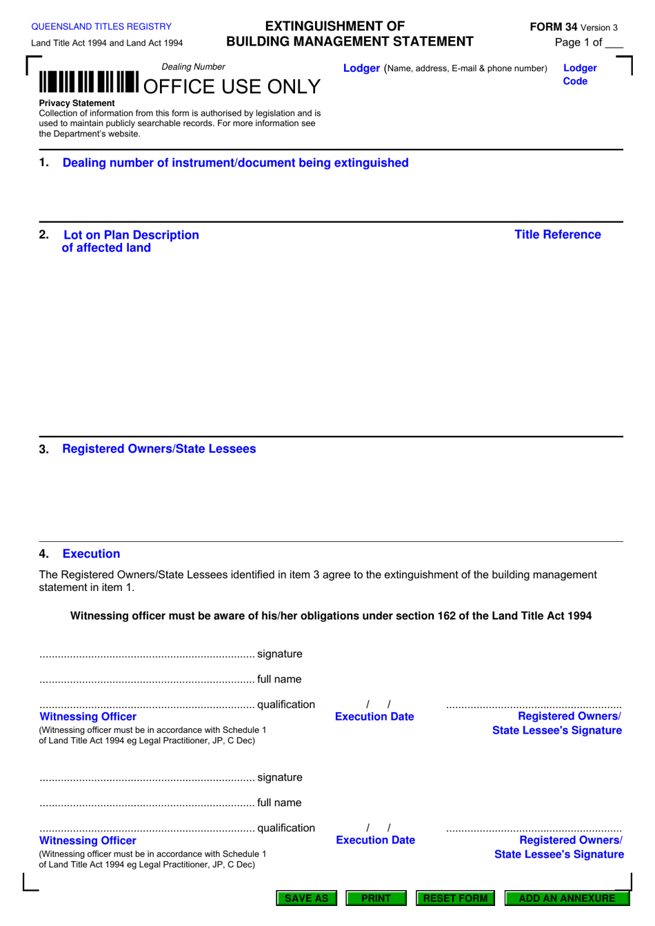 Form 34 Extinguishment of Building Management Statement - Queensland, Australia, Page 1