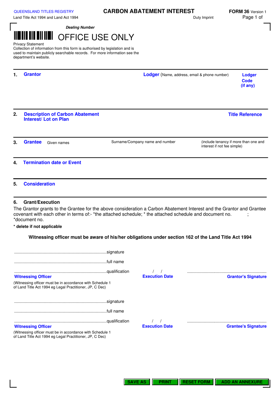 Form 36 Carbon Abatement Interest - Queensland, Australia, Page 1