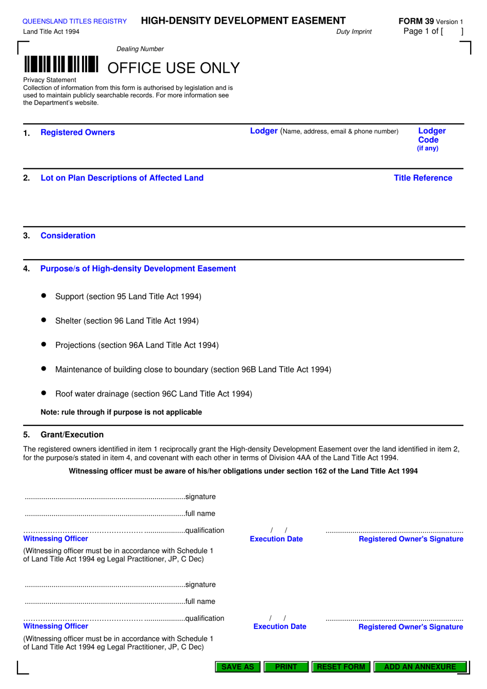 Form 39 High-Density Development Easement - Queensland, Australia, Page 1