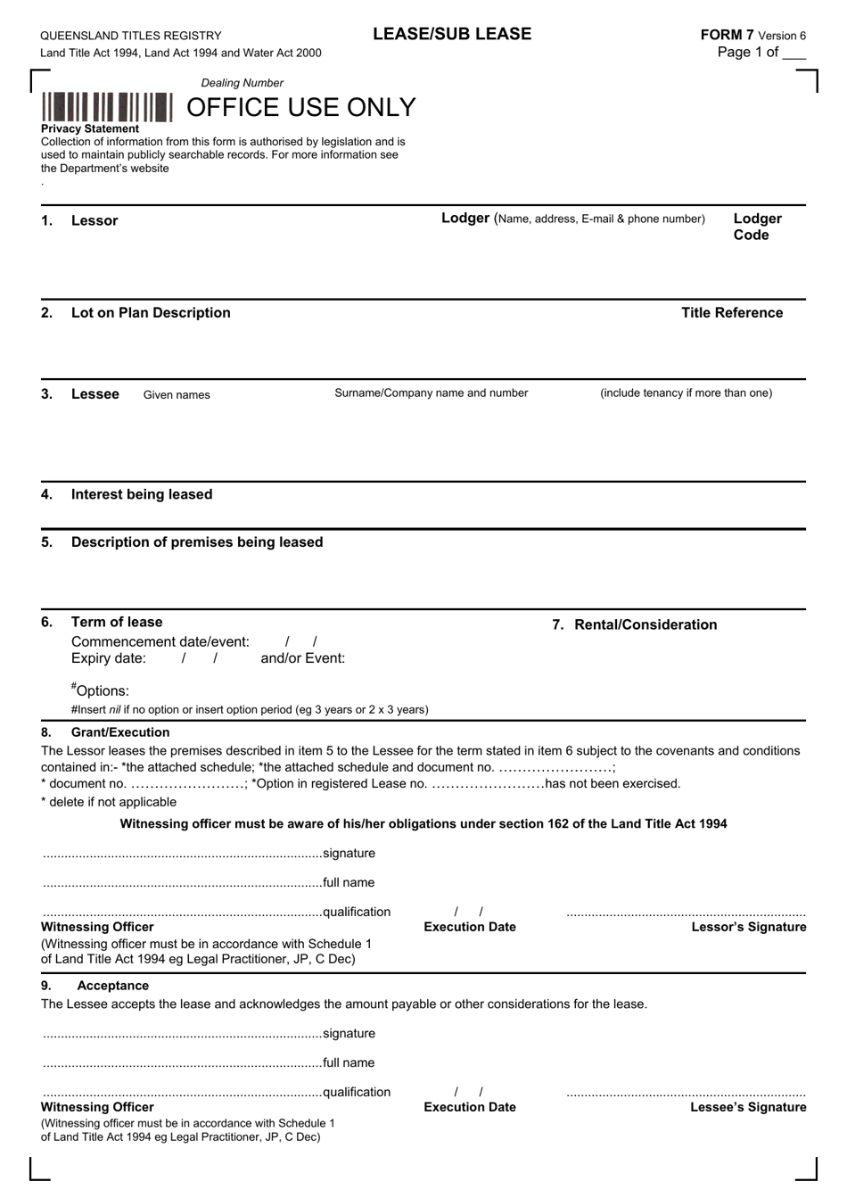 Form 7 Lease / Sub Lease - Queensland, Australia, Page 1