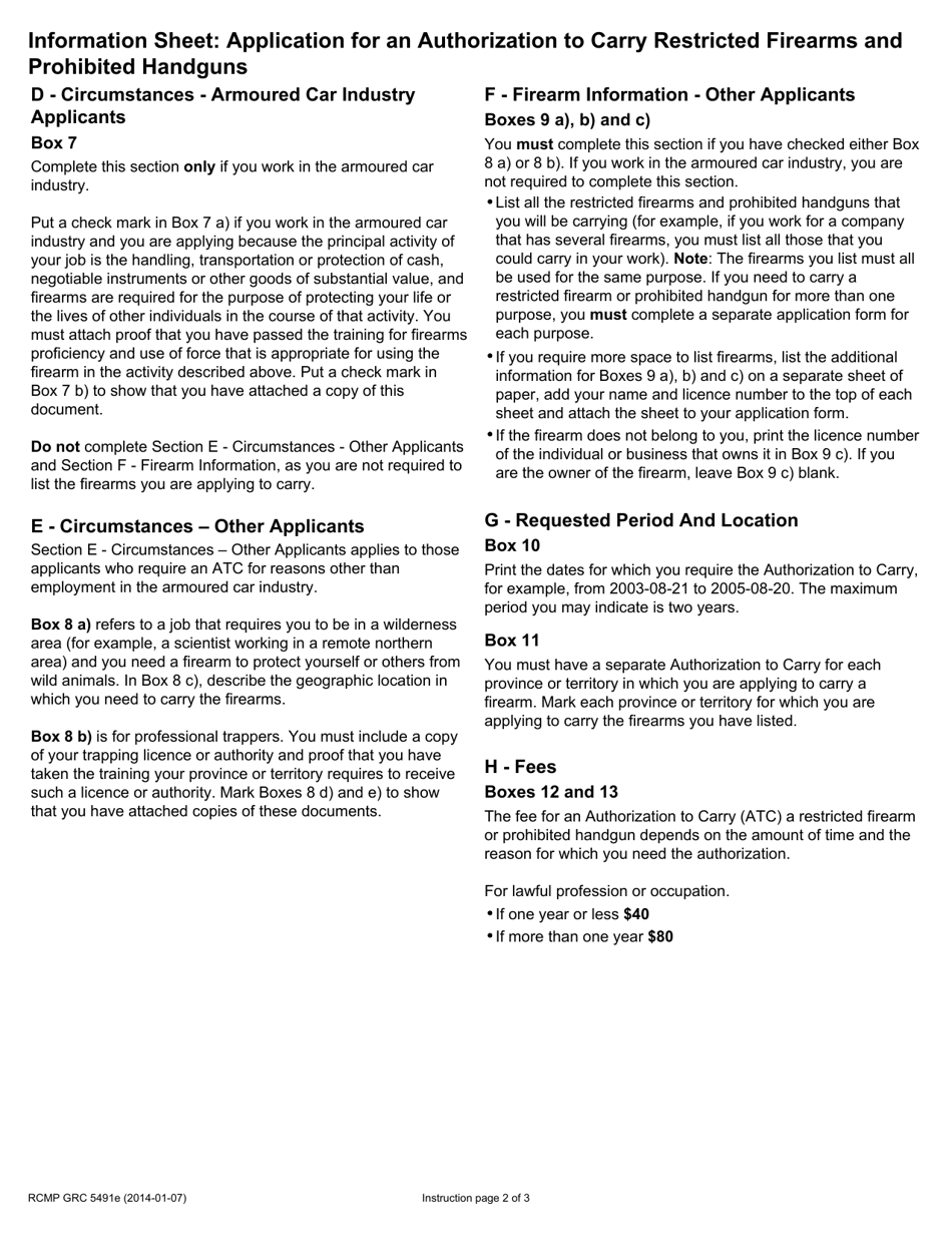 Form RCMP GRC5491E Application for an Authorization to Carry Restricted Firearms and Prohibited Handguns - Canada, Page 2