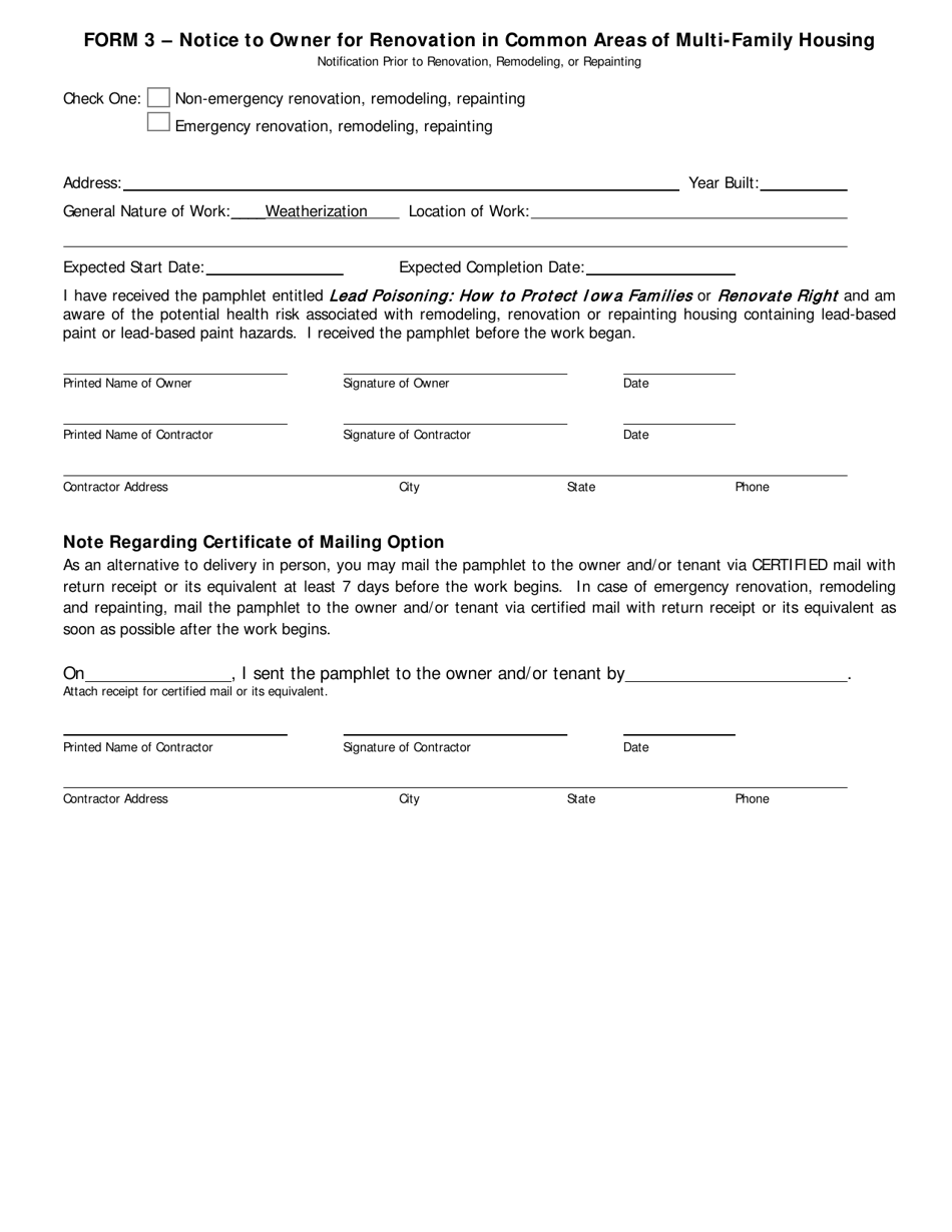 Form 3 Notice to Owner for Renovation in Common Areas of Multi-Family Housing - Iowa, Page 1