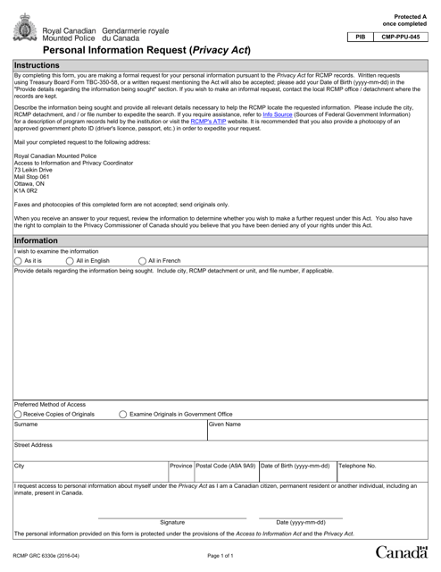 Form RCMP GRC6330 Personal Information Request (Privacy Act) - Canada