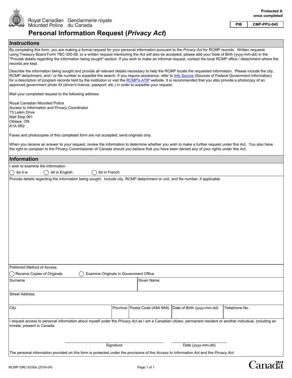 Form RCMP GRC6330 Personal Information Request (Privacy Act) - Canada, Page 1
