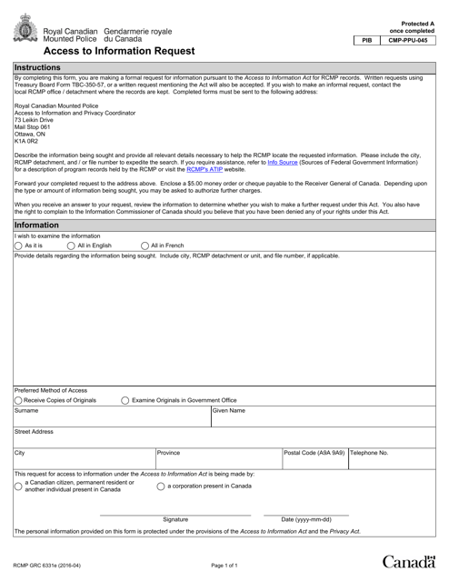Form RCMP GRC6331 Access to Information Request - Canada